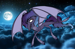 Size: 1195x787 | Tagged: safe, artist:beamybutt, imported from derpibooru, oc, oc only, bat pony, pony, bat pony oc, ear fluff, ethereal mane, flying, full moon, moon, outdoors, solo, starry mane, stars