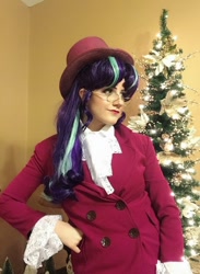 Size: 1080x1472 | Tagged: safe, artist:sarahndipity cosplay, imported from derpibooru, snowfall frost, starlight glimmer, human, christmas, christmas tree, clothes, cosplay, costume, glasses, hat, holiday, irl, irl human, photo, top hat, tree