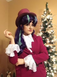 Size: 1080x1460 | Tagged: safe, artist:sarahndipity cosplay, imported from derpibooru, snowfall frost, starlight glimmer, human, christmas, christmas tree, clothes, cosplay, costume, glasses, hat, holiday, irl, irl human, photo, top hat, tree