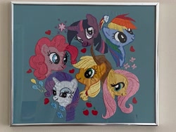 Size: 4032x3024 | Tagged: safe, imported from derpibooru, applejack, fluttershy, pinkie pie, rainbow dash, rarity, twilight sparkle, earth pony, pegasus, unicorn, cutie mark, embroidery, framed picture, heart, mane six, traditional art