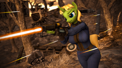 Size: 3840x2160 | Tagged: safe, artist:arcanetesla, imported from derpibooru, oc, oc:mysti tesla, anthro, deathclaw, unicorn, fallout equestria, busty mysti tesla, fallout, high res, laser rifle, weapon