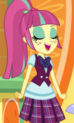 Size: 443x732 | Tagged: safe, imported from derpibooru, screencap, sour sweet, dance magic, equestria girls, spoiler:eqg specials, clothes, cropped, crystal prep academy uniform, eyes closed, female, freckles, open mouth, open smile, plaid skirt, pleated skirt, school uniform, skirt, smiling, solo