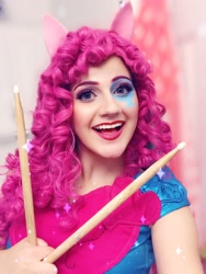 Size: 1838x2448 | Tagged: safe, artist:sarahndipity cosplay, imported from derpibooru, pinkie pie, human, equestria girls, rainbow rocks, clothes, cosplay, costume, drumsticks, irl, irl human, open mouth, open smile, photo, smiling