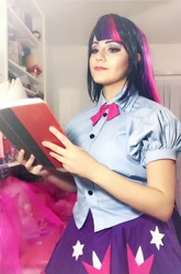 Size: 1352x2048 | Tagged: safe, artist:sarahndipity cosplay, imported from derpibooru, twilight sparkle, human, equestria girls, book, clothes, cosplay, costume, irl, irl human, looking at you, photo, smiling