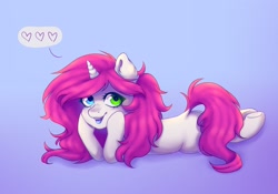 Size: 2136x1497 | Tagged: safe, artist:zowzowo, imported from derpibooru, oc, oc only, oc:bubblegum kiss, pony, unicorn, commission, heart, heterochromia, hooves on cheeks, looking at you, lying down, open mouth, simple background, solo, speech bubble, supporting head, three quarter view