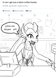 Size: 2835x3940 | Tagged: safe, artist:anonymous, imported from derpibooru, smolder, dragon, apron, barista, breasts, cash register, clothes, delicious flat chest, dialogue, dragoness, female, grayscale, high res, iced latte with breast milk, looking at you, meme, meme parody, monochrome, older, older smolder, open mouth, open smile, smiling, solo, speech bubble, starbucks, subverted meme, talking to viewer, text, twitter