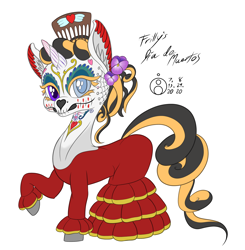 Size: 1468x1500 | Tagged: safe, artist:sepiakeys, imported from derpibooru, oc, oc only, oc:frilly heart, pony, clothes, dia de los muertos, dress, face paint, makeup, simple background, solo, white background