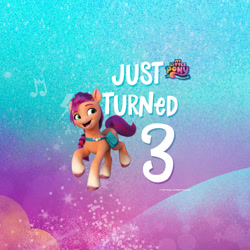 Size: 2127x2127 | Tagged: safe, imported from derpibooru, sunny starscout, earth pony, pony, spoiler:my little pony: a new generation, 3, abstract background, female, g5, greeting card, high res, mare, my little pony: a new generation, my little pony: a new generation logo, official, solo, stock vector, text, touchnote