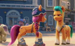 Size: 800x488 | Tagged: safe, imported from derpibooru, screencap, hitch trailblazer, sunny starscout, earth pony, pony, spoiler:my little pony: a new generation, 3d, absurd file size, absurd gif size, animated, cropped, cute, dancing, female, g5, gif, hasbro is trying to murder us, helmet, hitch trailblazer is not amused, male, mare, my little pony: a new generation, roller skates, rollerblades, shipping fuel, stallion, sunnybetes, weapons-grade cute
