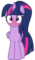 Size: 3168x5342 | Tagged: safe, artist:severity-gray, derpibooru exclusive, imported from derpibooru, twilight sparkle, alicorn, pony, absurd resolution, alternate hairstyle, blushing, eyeshadow, female, folded wings, looking at you, makeup, mare, ponytail, simple background, solo, transparent background, twilight sparkle (alicorn), wings