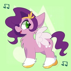 Size: 2000x2000 | Tagged: safe, artist:saveraedae, imported from derpibooru, part of a set, pipp petals, pegasus, pony, spoiler:my little pony: a new generation, adorapipp, cheek fluff, chest fluff, colored eyebrows, colored pupils, cute, ear fluff, feathered wings, female, g5, high res, hoof fluff, mare, music notes, my little pony: a new generation, open mouth, profile, smiling, solo, unshorn fetlocks, wings