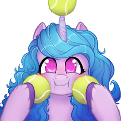 Size: 1060x1060 | Tagged: artist needed, safe, imported from derpibooru, izzy moonbow, pony, unicorn, ball, cute, drawthread, female, g5, horn, horn guard, hornball, izzy's tennis ball, izzybetes, looking at you, mare, simple background, solo, tennis ball, that pony sure does love tennis balls, transparent background