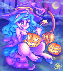 Size: 2680x3000 | Tagged: safe, artist:mannybcadavera, imported from derpibooru, izzy moonbow, pony, unicorn, spoiler:g5, spoiler:my little pony: a new generation, crescent moon, g5, halloween, hat, high res, holiday, moon, my little pony: a new generation, pumpkin, wand, witch hat