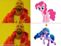 Size: 790x600 | Tagged: safe, imported from derpibooru, izzy moonbow, pinkie pie, earth pony, pony, unicorn, spoiler:g5, spoiler:my little pony: a new generation, ball, exploitable meme, g5, horn, hornball, hotline bling, izzy's tennis ball, mematic, meme, my little pony: a new generation, op is right, tennis ball, the new pinkie pie, unpopular opinion