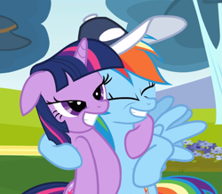 Size: 879x768 | Tagged: safe, screencap, rainbow dash, twilight sparkle, pegasus, pony, unicorn, hurricane fluttershy, cropped, duo, eyes closed, female, hat, hug, mare, smiling, unicorn twilight