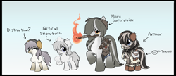 Size: 3319x1437 | Tagged: safe, artist:marbo, imported from derpibooru, imported from twibooru, oc, oc only, oc:crackling fire, oc:frostbite, oc:niveous, oc:snowfall, pony, /mlp/, bag, blizzard rescue team, boots, chest fluff, cloak, clothes, coat markings, cup, earmuffs, eyes closed, female, filly, fluffy, foal, gradient background, grin, group, hair over one eye, hoof fluff, image, looking at you, mare, mouth hold, pale belly, png, saddle bag, shoes, smiling, snow, snowball, snowpony (species), socks (coat marking), taiga pony, teacup, torch, yakutian horse