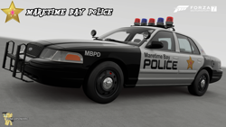 Size: 3840x2160 | Tagged: safe, artist:forzaveteranenigma, imported from derpibooru, ford, ford crown victoria, ford crown victoria police interceptor, ford p71, forza motorsport 7, g5, maretime bay, my little pony: a new generation, police car