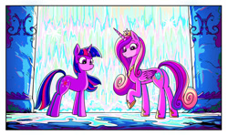 Size: 1024x608 | Tagged: safe, artist:jowybean, imported from derpibooru, princess cadance, twilight sparkle, alicorn, pony, unicorn, duo, duo female, female, sisters-in-law, unicorn twilight, waterfall