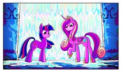 Size: 4096x2428 | Tagged: safe, artist:jowybean, imported from derpibooru, princess cadance, twilight sparkle, alicorn, pony, unicorn, duo, duo female, female, sisters-in-law, unicorn twilight, waterfall