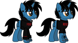 Size: 2126x1165 | Tagged: safe, artist:lightningbolt, derpibooru exclusive, imported from derpibooru, pony, unicorn, .svg available, clothes, ear piercing, frank iero, gauges, hoodie, horn, horn piercing, lip piercing, male, my chemical romance, nose piercing, piercing, ponified, shirt, simple background, solo, stallion, standing, svg, t-shirt, tattoo, transparent background, vector
