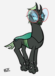 Size: 4000x5500 | Tagged: safe, alternate version, artist:evan555alpha, imported from ponybooru, oc, oc only, oc:yvette (evan555alpha), changeling, changeling oc, dorsal fin, evan's daily buggo, fangs, female, glasses, green tongue, hooves together, lidded eyes, looking at you, open mouth, partial color, ponybooru exclusive, round glasses, signature, simple background, sketch, smiling, smug, solo, transparent background, white background