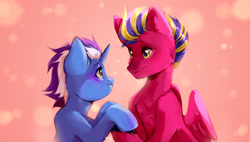 Size: 1280x725 | Tagged: safe, artist:pledus, imported from derpibooru, oc, oc only, pegasus, pony, unicorn, blushing, eye contact, female, looking at each other, male, oc x oc, shipping, straight