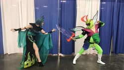 Size: 1071x602 | Tagged: safe, artist:justincrediblecosplay, artist:sarahndipity cosplay, imported from derpibooru, queen chrysalis, thorax, changedling, changeling, human, 2017, clothes, cosplay, costume, irl, irl human, king thorax, photo