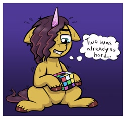 Size: 2259x2130 | Tagged: safe, artist:heretichesh, imported from derpibooru, pony, unicorn, dexterous hooves, floppy ears, g5, gradient background, hair over one eye, high res, jasper, male, rubik's cube, sitting, solo, stallion, sweat, thought bubble, unshorn fetlocks