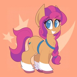 Size: 2000x2000 | Tagged: safe, artist:saveraedae, imported from derpibooru, part of a set, sunny starscout, earth pony, pony, spoiler:my little pony: a new generation, backwards cutie mark, bag, braid, coat markings, colored hooves, eyebrows, eyebrows visible through hair, g5, grin, high res, looking at you, my little pony: a new generation, smiling, socks (coat markings), solo, unshorn fetlocks