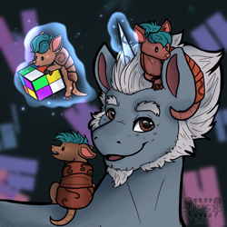 Size: 1500x1500 | Tagged: safe, artist:sursiq, imported from derpibooru, armadillo, pony, unicorn, spoiler:my little pony: a new generation, abstract background, alphabetes, alphabittle blossomforth, alphadillo, alphadillos, animal, beard, cute, eye shimmer, facial hair, freckles, g5, horn, levitation, magic, magic aura, male, my little pony: a new generation, open mouth, open smile, rubik's cube, smiling, stallion, telekinesis