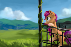 Size: 3375x2250 | Tagged: safe, artist:flusanix, imported from derpibooru, sunny starscout, earth pony, pony, spoiler:my little pony: a new generation, bench, bipedal, bipedal leaning, coat markings, female, fence, g5, high res, ivy (plant), leaning, looking away, mare, my little pony: a new generation, scenery, socks (coat markings), solo, unshorn fetlocks