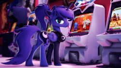 Size: 3840x2160 | Tagged: safe, alternate version, artist:psfmer, imported from derpibooru, princess luna, alicorn, pony, gamer luna, 3d, alternate hairstyle, arcade, bubblegum, butt, chewing gum, dock, female, food, gum, headset, high res, looking at you, moonbutt, plot, ponytail, solo, tail, wallpaper