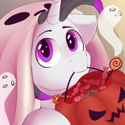 Size: 3512x3512 | Tagged: safe, artist:knochka, imported from derpibooru, oc, oc only, oc:haze rad, ghost, pony, undead, unicorn, candy, clothes, commission, commissioner:biohazard, costume, cute, eye shimmer, eyebrows, floppy ears, food, ghost costume, halloween, halloween costume, high res, highlights, holiday, horn, looking at you, male, mouth hold, pumpkin bucket, purple eyes, solo, stallion, trick or treat, unicorn oc, wingding eyes, ych result