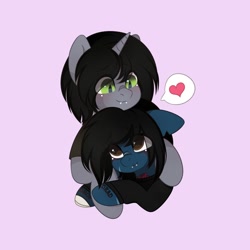 Size: 2000x2000 | Tagged: safe, artist:yomechka, imported from derpibooru, earth pony, pony, undead, unicorn, zombie, zombie pony, bring me the horizon, bust, clothes, commission, disguise, disguised siren, duo, duo male, fangs, floppy ears, gay, heart, high res, hug, jewelry, kellin quinn, long sleeves, male, necklace, oliver sykes, ponified, shipping, shirt, simple background, sleeping with sirens, slit pupils, smiling, speech bubble, stallion, stallion on stallion, t-shirt, tattoo, ych result