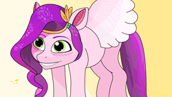Size: 1440x810 | Tagged: safe, artist:littleiceage, imported from derpibooru, pipp petals, pegasus, pony, spoiler:my little pony: a new generation, adorapipp, blushing, cute, female, g5, grin, mi mi miii, ms paint, my little pony: a new generation, simple background, smiling, solo, wires