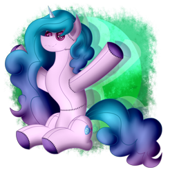 Size: 1364x1388 | Tagged: safe, artist:thebenalpha, imported from derpibooru, izzy moonbow, original species, plush pony, pony, unicorn, button eyes, female, g5, hugs?, my little pony: a new generation, plushie, plushification, simple background, solo, stitches, transparent background