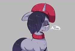 Size: 2487x1684 | Tagged: safe, artist:another_pony, imported from derpibooru, pony, unicorn, spoiler:my little pony: a new generation, beatnik pony, beret, clothes, dialogue, eyeshadow, female, g5, hat, makeup, mare, my little pony: a new generation, onyx, scarf, solo, speech bubble