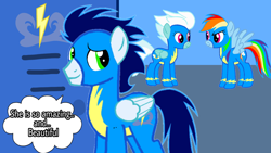 Size: 1280x720 | Tagged: safe, artist:mlplary6, imported from derpibooru, fleetfoot, rainbow dash, soarin', clothes, female, locker room, male, shipping, soarindash, straight, uniform, wonderbolts, wonderbolts uniform