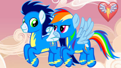 Size: 1280x720 | Tagged: safe, artist:mlplary6, imported from derpibooru, rainbow dash, soarin', clothes, female, flying, male, shipping, soarindash, straight, uniform, wonderbolts uniform