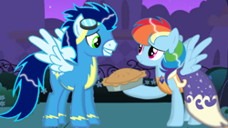 Size: 1280x720 | Tagged: safe, artist:mlplary6, imported from derpibooru, rainbow dash, soarin', pegasus, pony, clothes, dress, female, food, male, mare, pie, shipping, soarindash, stallion, straight, that pony sure does love pies, uniform, wonderbolts uniform