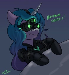 Size: 2826x3039 | Tagged: safe, artist:buckweiser, imported from derpibooru, izzy moonbow, pony, unicorn, spoiler:my little pony: a new generation, catsuit, female, g5, goggles, high res, horn, mare, my little pony: a new generation, night vision goggles, pegasus crystal, sam fisher, sneaky, solo, splinter cell