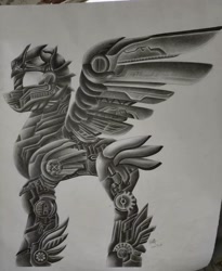 Size: 1080x1320 | Tagged: safe, artist:henry forewen, imported from derpibooru, pegasus, pony, robot, robot pony, machine, monochrome, traditional art