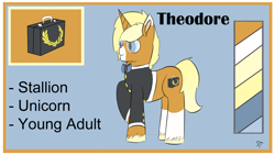 Size: 1192x670 | Tagged: safe, artist:schumette14, imported from derpibooru, oc, oc:theodore, unicorn, alternate universe, chrysalisuniverse, male, next generation, offspring, parent:applejack, parent:trenderhoof, parents:trenderjack, ref, reference, stallion