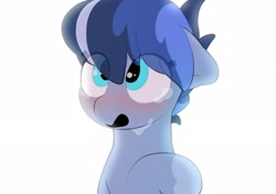 Size: 2064x1457 | Tagged: safe, alternate version, artist:mochi_nation, imported from derpibooru, oc, oc only, oc:galaxy, earth pony, pony, blushing, bust, crying, eye clipping through hair, female, floppy ears, looking up, mare, open mouth, simple background, solo, white background
