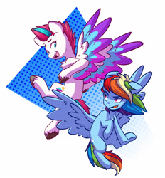 Size: 2737x2944 | Tagged: safe, artist:chub-wub, imported from derpibooru, rainbow dash, zipp storm, pegasus, pony, spoiler:my little pony: a new generation, duo, duo female, female, flying, g4, g5, high res, my little pony: a new generation, open mouth
