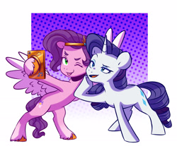 Size: 2593x2144 | Tagged: safe, artist:chub-wub, imported from derpibooru, pipp petals, rarity, pegasus, pony, unicorn, spoiler:my little pony: a new generation, ;p, adorapipp, bipedal, cellphone, cute, duo, duo female, female, g4, g5, high res, my little pony: a new generation, one eye closed, open mouth, phone, pipp and her heroine, selfie, smartphone, tongue out