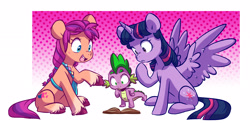 Size: 3503x1727 | Tagged: safe, artist:chub-wub, imported from derpibooru, spike, sunny starscout, twilight sparkle, alicorn, dragon, earth pony, pony, spoiler:my little pony: a new generation, book, female, g4, g5, male, my little pony: a new generation, open mouth, sunny and her heroine, trio, twilight sparkle (alicorn)