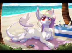 Size: 2700x1972 | Tagged: safe, artist:_ladybanshee_, imported from derpibooru, oc, oc only, oc:rainy skies, original species, pony, shark, shark pony, beach, chest fluff, commission, ear fluff, outdoors, relaxing, solo, sunbathing