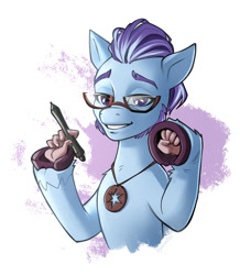 Size: 1048x1200 | Tagged: safe, artist:vyazinrei, imported from derpibooru, anthro, earth pony, pony, spoiler:g5, spoiler:my little pony: a new generation, amulet, argyle starshine, cursed image, fingers, g5, glasses, hand, hooves, jewelry, my little pony: a new generation, nightmare fuel, smiling, solo, stylus, suddenly hands, this explains everything, wat, why