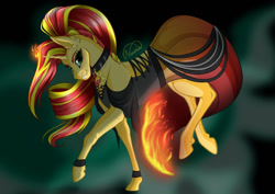 Size: 1024x725 | Tagged: safe, artist:nuumia, imported from derpibooru, sunset shimmer, pony, unicorn, equestria girls, clothes, collar, dress, ear fluff, female, fiery shimmer, fire, grin, mare, smiling, solo